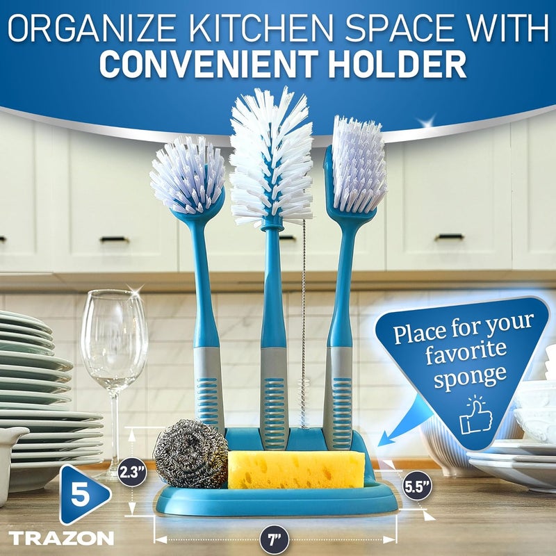 Trazon Dish Brush Set of 5 with Convenient Holder, Bottle Water Brush, Dish Scrub Brush, Scrubber Brush and Straw Brush - Kitchen Scrub Brushes Non Slip Long Handle for Sink Dishes Cup Pot - Image 5